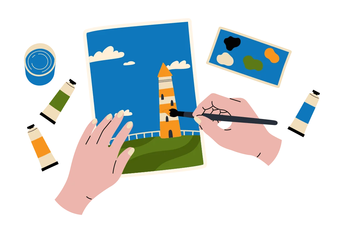 Ilustracja przedstawiająca dłonie malujące pędzlem obrazek z pejzażem przy użyciu farb w tubkach